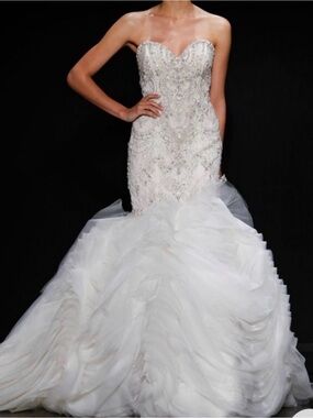 Lazaro Strapless White Crystal-Embellished Mermaid Wedding Dress L